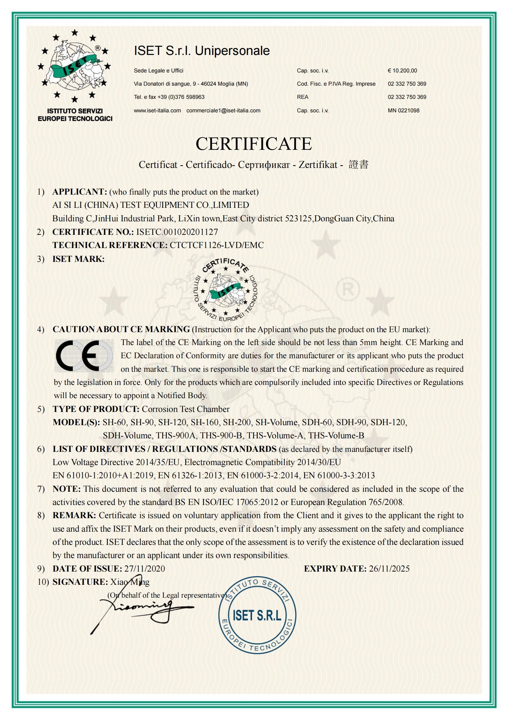 ASLi (CHINA) TEST EQUIPMENT CO., LTD Certifications