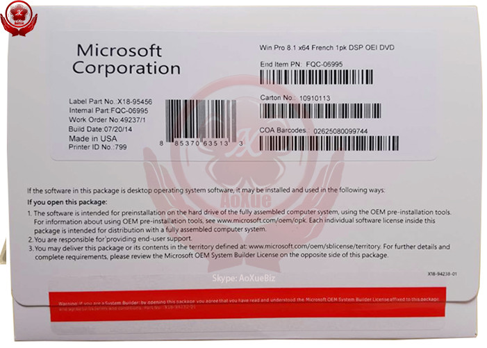 China Original 32/64 bit Windows 8.1 Pro OEM one DVD & Key Code License wholesale