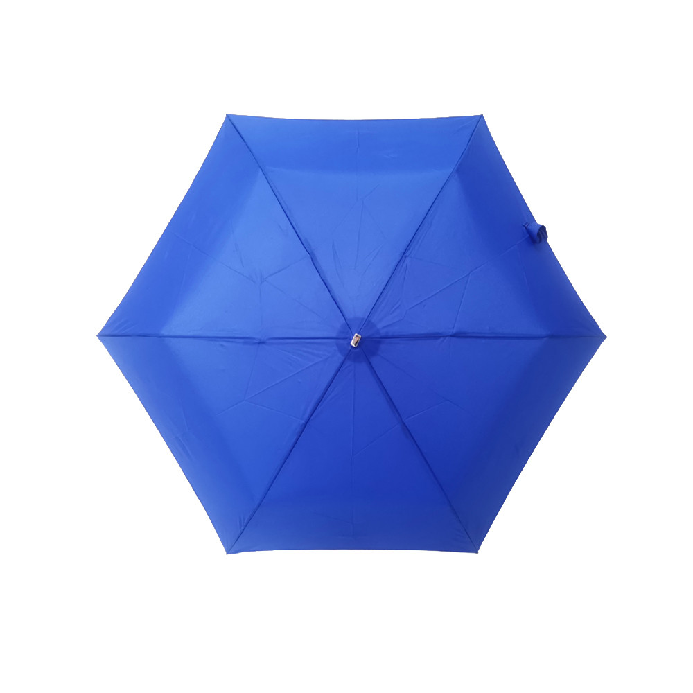 Small Blue Three Fold Umbrella Silver Coating Plastic Handle 6 Panels