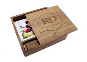 China Natural Color Walnut Wooden Photo Album Box With Sliding Lid Magnet Closure wholesale
