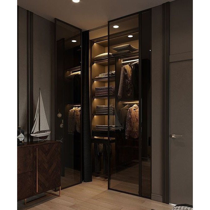 China Glass Wardrobe Step-in Cloakroom Brown Glass Metal Frame Glass Door Board Wardrobe wholesale