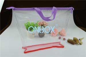 China Ladies Cosmetics High Clear PVC Bag / Carrying Bag With Purple Zipper Closure wholesale