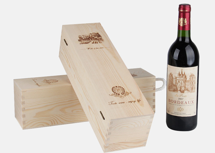 China Pine Wood Hinged Lid Personalised Wooden Wine Box Rectangle For 1 Bottle wholesale