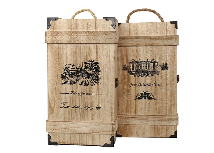 China Burnt Color Double Wooden Wine Box , Nartural Color Wooden Wine Display Boxes wholesale