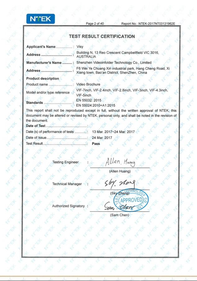 Shenzhen Videoinfolder Technology Co., Ltd. Certifications