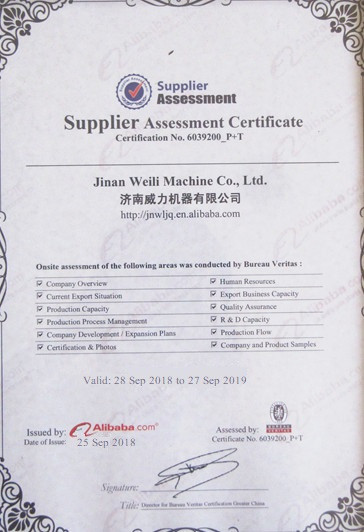 Jinan Weili Machine Co., Ltd. Certifications