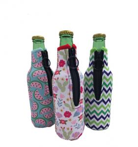 China Sublimation Printing Neoprene Single Beer Bottle Cooler with zipper for Promotion Gift size is 19cm*6.3cm, SBR material. wholesale