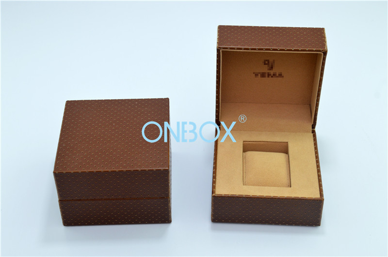 China Brown Faux Leather Watch Box 130x130x90mm With Hard Pillow wholesale