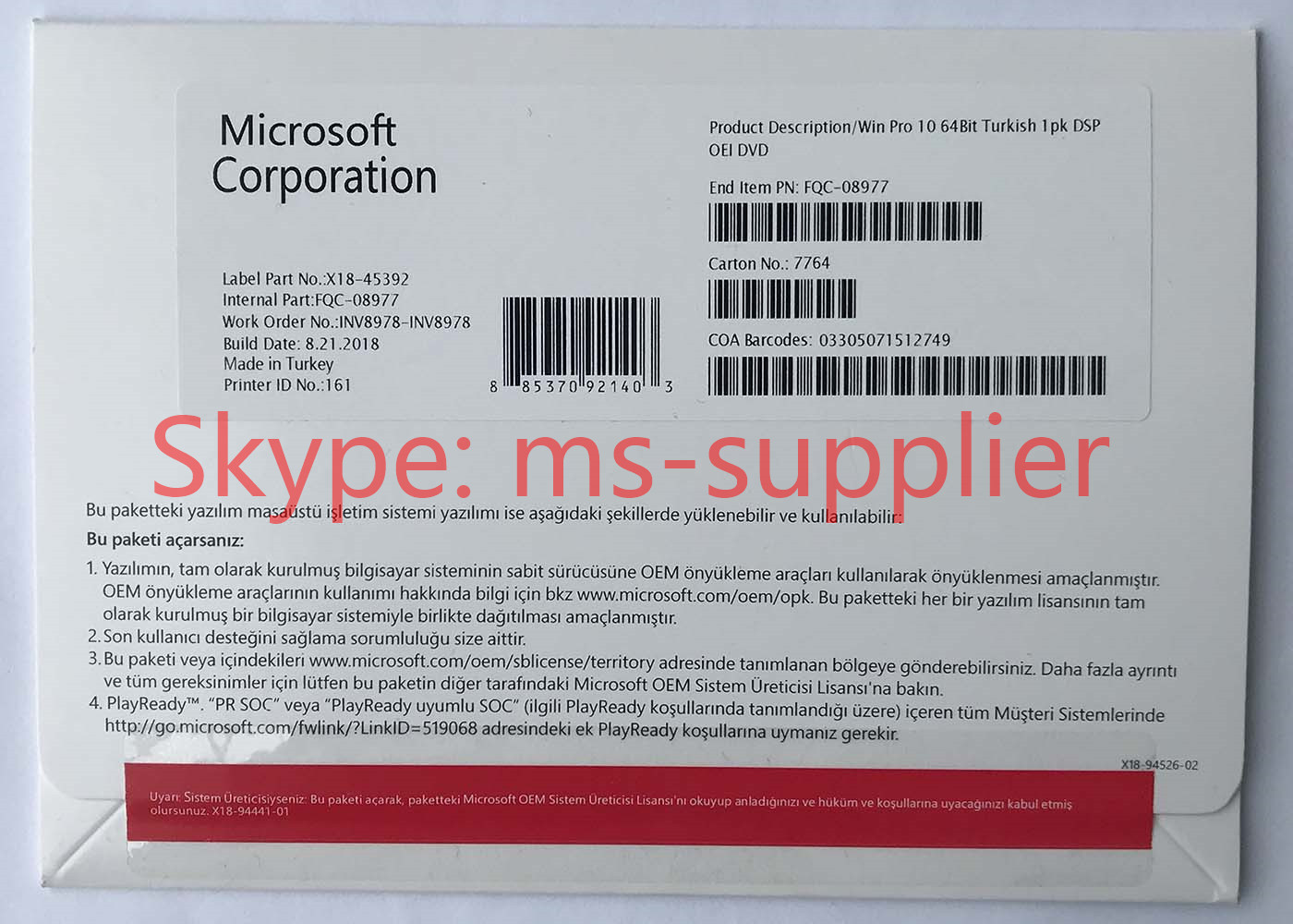 Buy cheap FQC-08977 Windows 10 Pro Software Turkish package 32/64 Bit Genuine License OEM from wholesalers