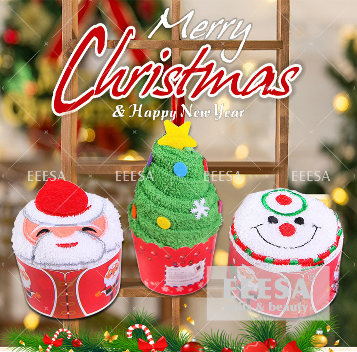 China Smile Face Santa Claus Merry Xmas Tree Christmas Gift 100% Cotton Hand Towel wholesale