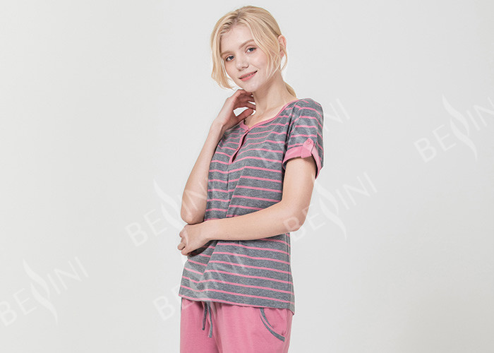 China Homestyle Round Neck Women'S Pajama Short Sets , Ladies Striped Pyjamas sets wholesale