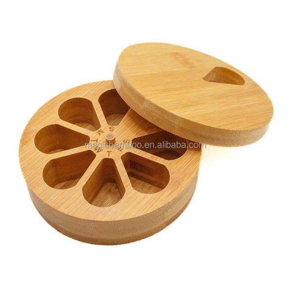 Functional and Durable Bamboo Daily Travel Round Pill Organizer with Days of the Week