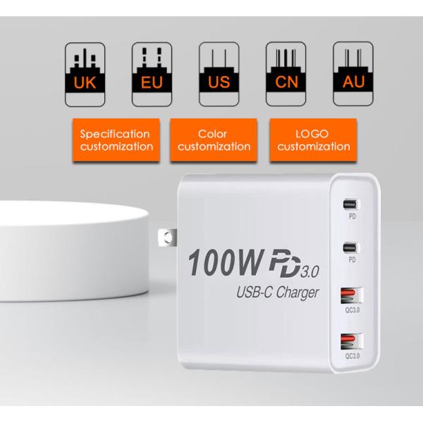 100w Usb C Charger 2 Pd 100W 30W Type C Qc 3.0 2 Usb Port Super Fast Charging Mobile Phone Home Plug Travel Adapter Wall Charger
