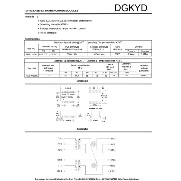 Customized Safety 1500V AC Ethernet Transformer SMD 16 PIN 100BASE Filter