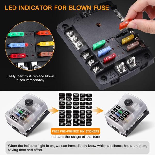 6 Way Fuse Distribution Block Car Boat Fuse Box Holder With Warning Indicator And Positive Input Negative Bus
