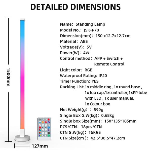 JSK-P70 White Shade Smart RGB Floor Lamp with 16 Million Colors Music Sync APP Control USB Powered LED Dimmable Lighting