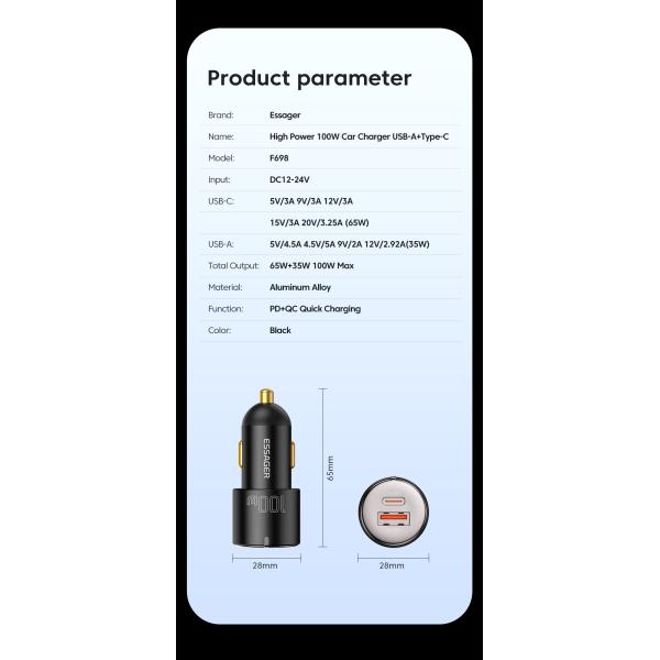 Type C USB A Car Chargers Black 60W 66W Essager 2022 City F699 F689 F688 F698