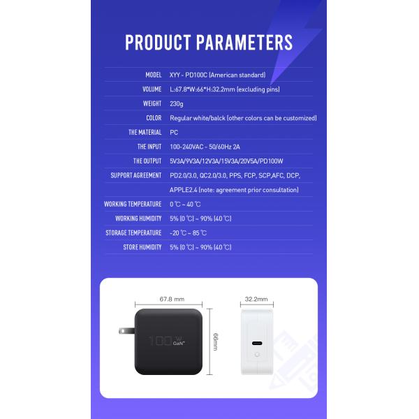 100W GaN USB-C Fast Charger with PD QC3.0 for Mobile Phones