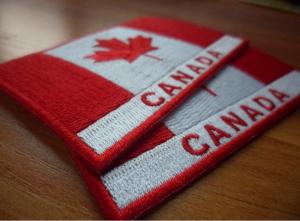 Custom twill 100% embroidered Canada flag patches, plastic backing,sew-on,8.0cm*6.0cm, two colors