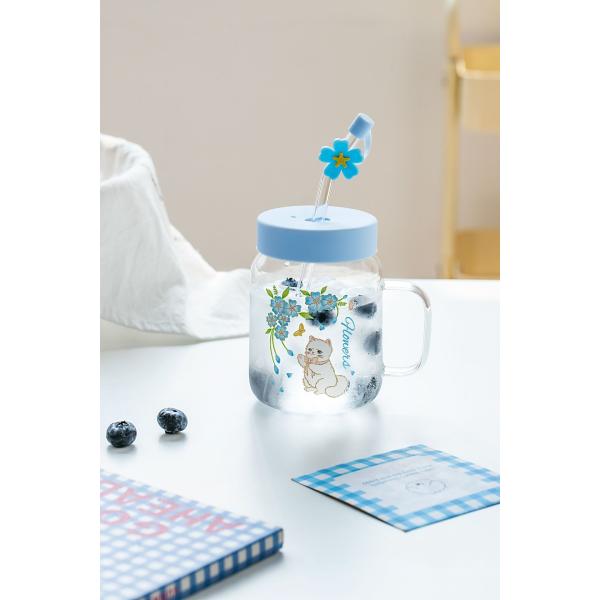 Charming Glass Mugs White Cat Flower Illustrations In Pink Blue Themes