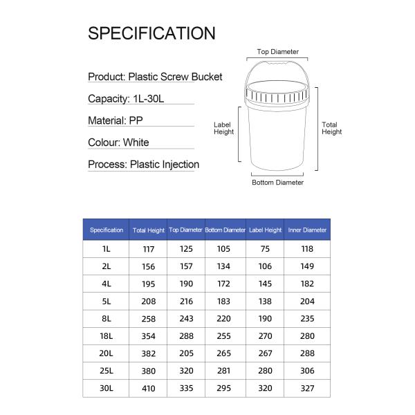 PP Plastic Bucket Iron Handle Lid for Home Food Grade Transparent White Container