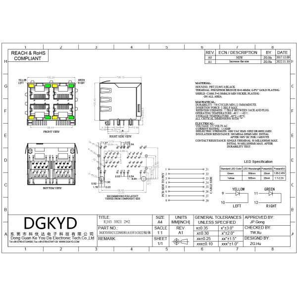 RJ45 Ethernet socket with light and shielded communication interface Metal Shielded 2X2 double deck 4 port RJ45 connectors without transfomer