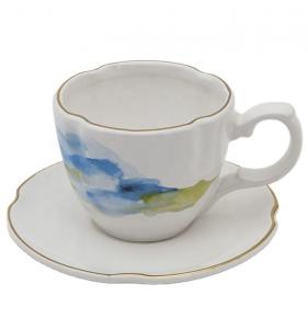 China Ceramic Tea Cup And Saucer Set European Style White Stoneware Ceramic Print Coffee Water Mug Cup wholesale