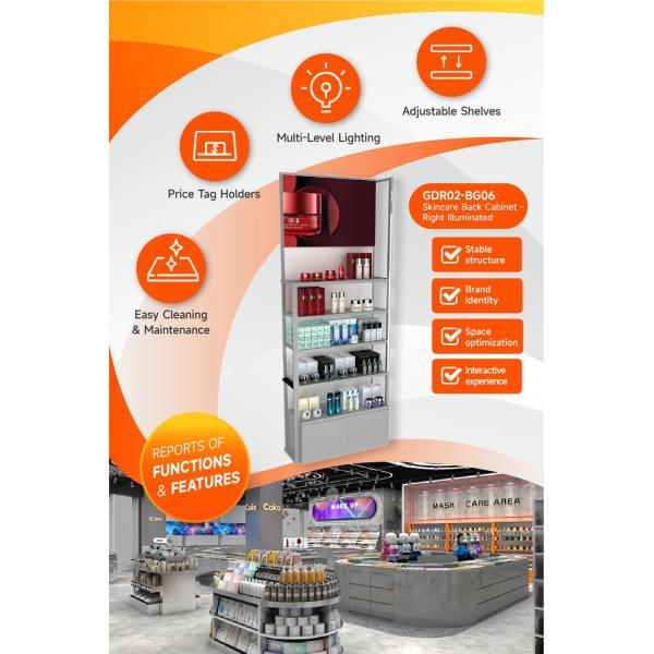 GDR02-BG06 Right Illuminated Skincare Display Cabinet with 60mm Soft Film Light Box and Laser Engraved Brand Logo for Fashion Boutiques