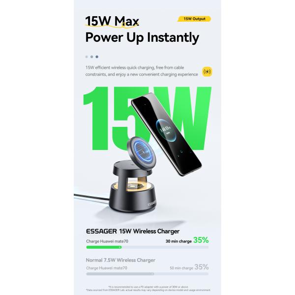 ESSAGER OJD-132 Foldable 4 In 1 15W Magnetic Wireless Charger Stand Station With Led Light For Watch Earphone Phone