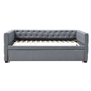 Fabric Upholstered Trundle Daybed With Bronze Stud Single Plywood