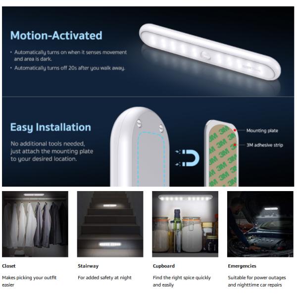 40lm 6200K 20 LED Battery Operated Under Cabinet Light With Motion Sensor