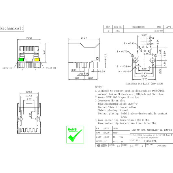 IEEE 802.3 RJ45 Modular Jack 19154 Across LPJ0026BBNL for EMbedded PC