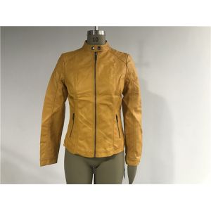 Buy cheap Mandarin Collar Pu Leather Coat , Mustard Upstyled Pleather Biker Jacket Tw74180 from wholesalers