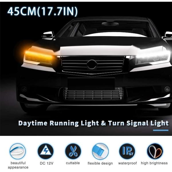Flowing Bar Silicone Drl Daytime Running Lights 45CM 17.7" White Amber Flexible LED Tube Strip