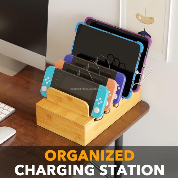 Highly Customized Bamboo Charging Station for Multiple Devices Device Cable Organizer