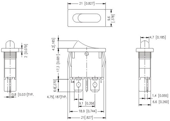 Taiwan Small Momentary Rocker Switch, R6-1, 21*10mm, Red button, SPST, 6A 250V