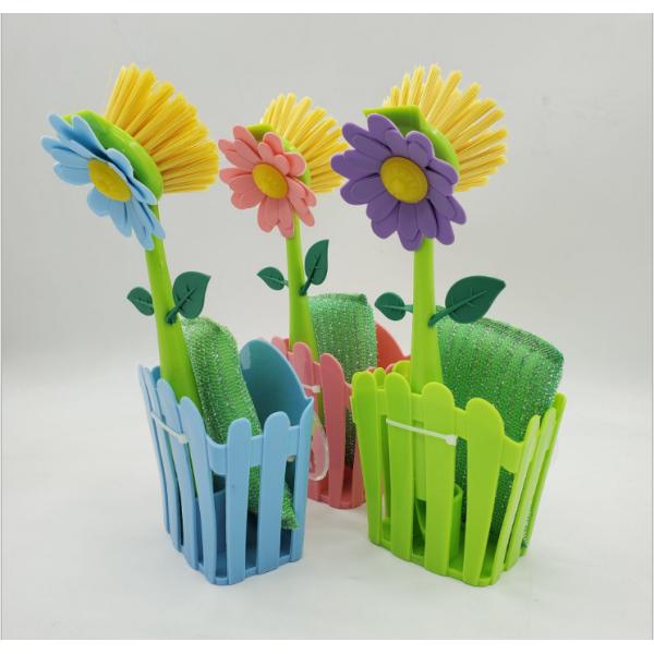 Colorful Flower Dish Brush Plastic Vase With Sponge Pad Sustainable