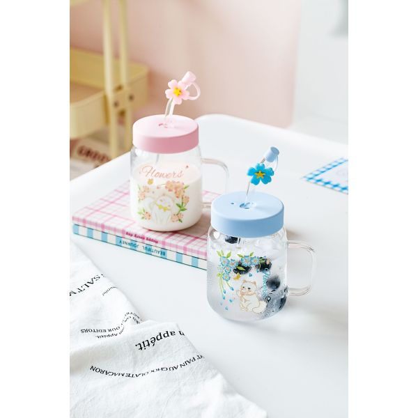 Charming Glass Mugs White Cat Flower Illustrations In Pink Blue Themes