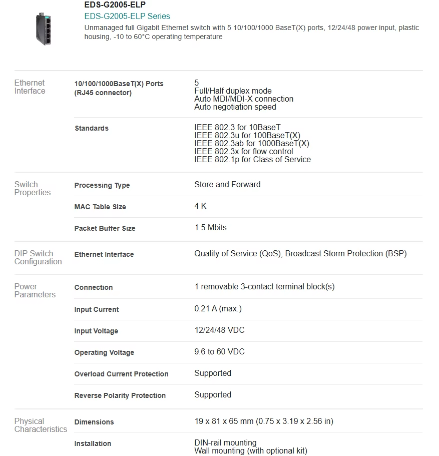 Advanced 5-port switch EDS-G2005-ELP Unmanaged Switches Moxa EDS-G2005-ELP Series switch