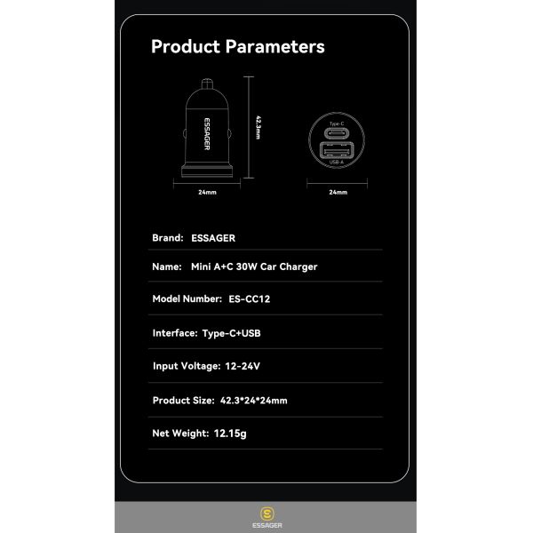 ESSAGER ES-CC12 30W Type C USB A Phone Car Charger Fast Charging QC3.0 PD3.0