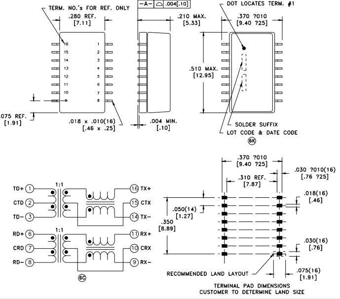 7090-37R-LF1 10/100Base-T Transformer Modules 350uH Lan 1 Port Ethernet