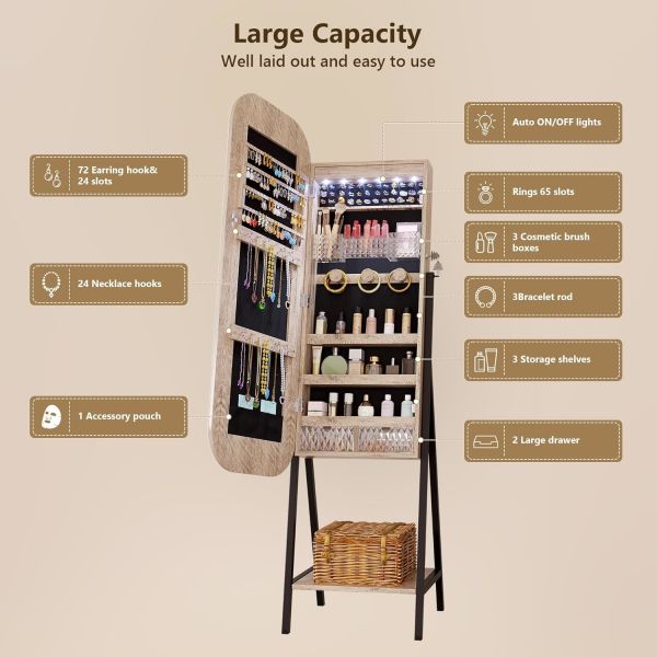 Rectangle Jewelry Armoire Mirror Lockable Full Length Mirror With Storage