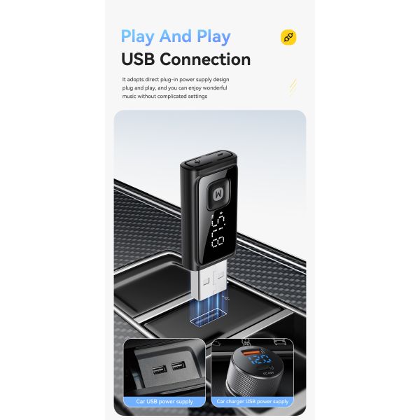 Bluetooth 5.4 FM Car Adapter with 10m Range USB-A