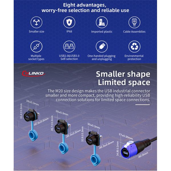 CNLINKO LP20 USB 3.0 ip68 Waterproof Industrial Plastic Dual Wire Connectors