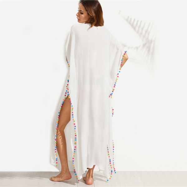 Bohemian White Lace-up Long Summer Beach Cover Up Dress with Split