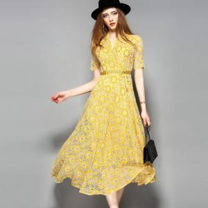 China yellow hot sale women lace-up polyester lace dress wholesale