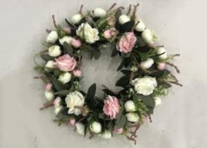 China Vivid 50cm Faux White Pink Flower Wreath With Leaves wholesale