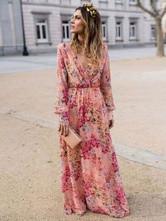 China Long Sleeve Floral Casual Dress OEM Polyester V Neck Maxi Dresses wholesale
