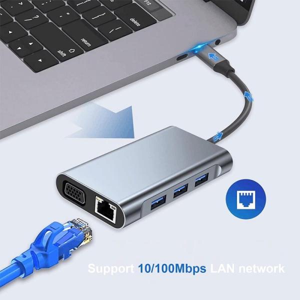 Multi Function 8-In-1 USB-C USB C Docking Station with Dual 4K HDMI and 2 HDMI Ports Gray