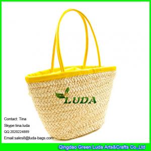 China LUDA light yellow genuine leather handbags cornhusk straw beach bag sets wholesale
